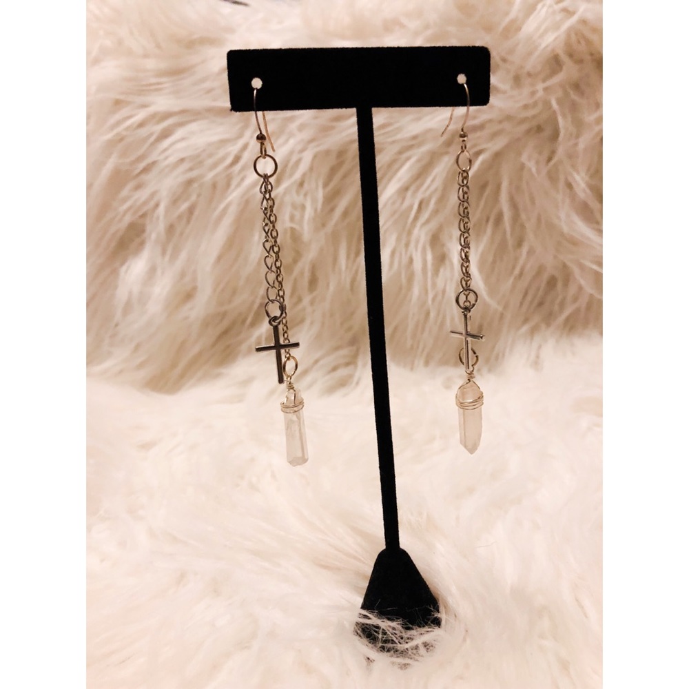 One a kind Silver Cross & Crystal Earrings